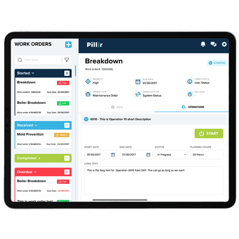 A screenshot showing Pillir and their SAP work order management application