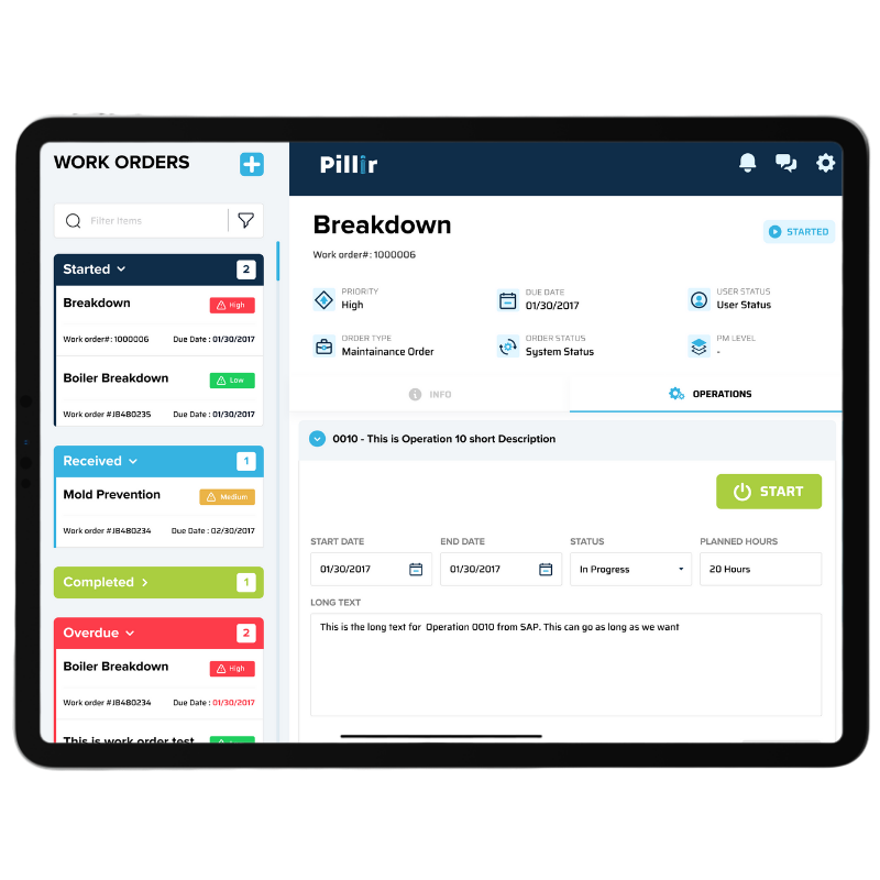 iPad showing a screenshot of Pillir work orders through their SAP Asset management